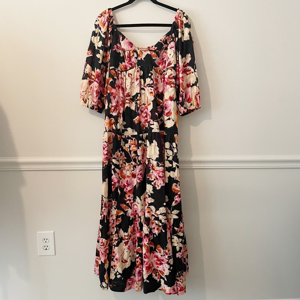 NWT Anthropologie Babydoll Tiered Maxi‎ Dress Black Floral Sz S Romantic Cottage